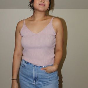 Pink Ribbed V-neck Crop Top
